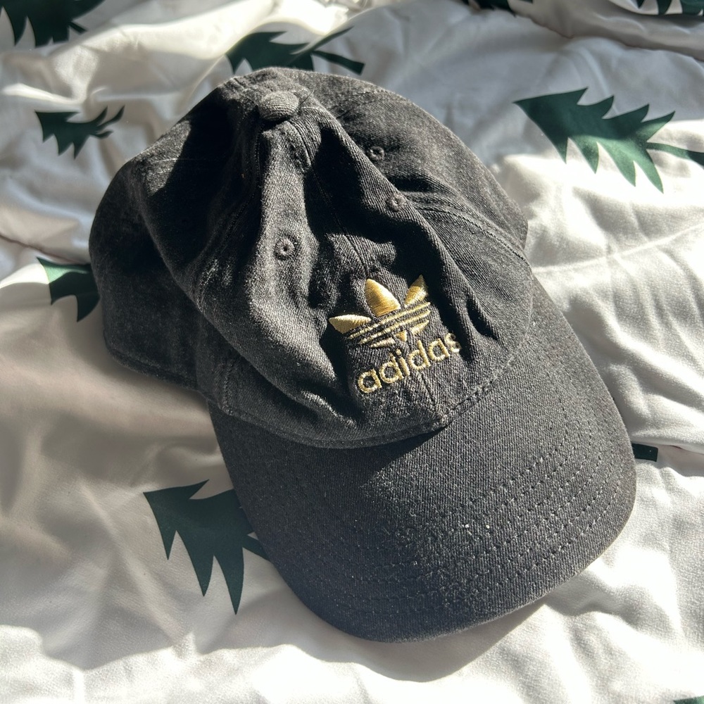 Adidas black denim hat with gold trefoil logo